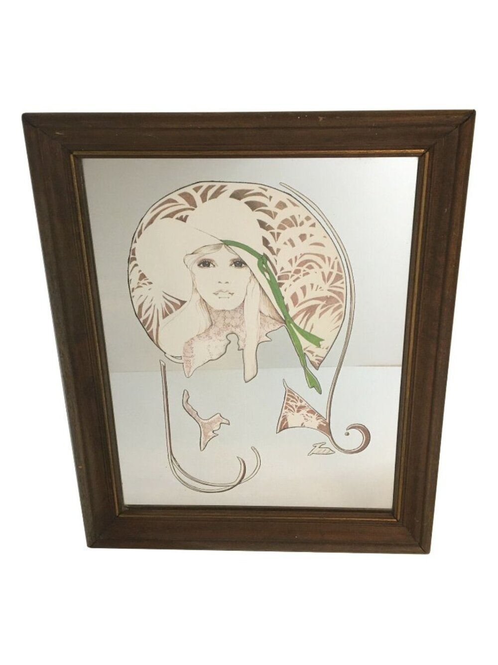 William Tara Art Lithograph Wall Mirror Fashion Lady Wide Brimmed Hat Lace Dress